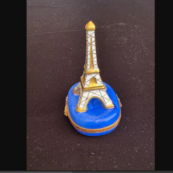 Rare Limoges France Peint Main Eiffel Tower Cobalt & Gold Eiffel Tower Clasp Box - Picture 7 of 10